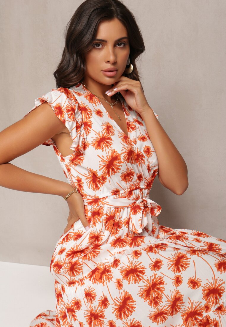Pomarańczowa Rozkloszowana Sukienka Maxi w Kwiatowy Print z Gumką w Pasie Javiky