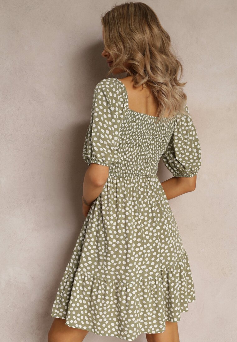 Rochie mini verde cloș cu buline din viscoză cu volan Aulian