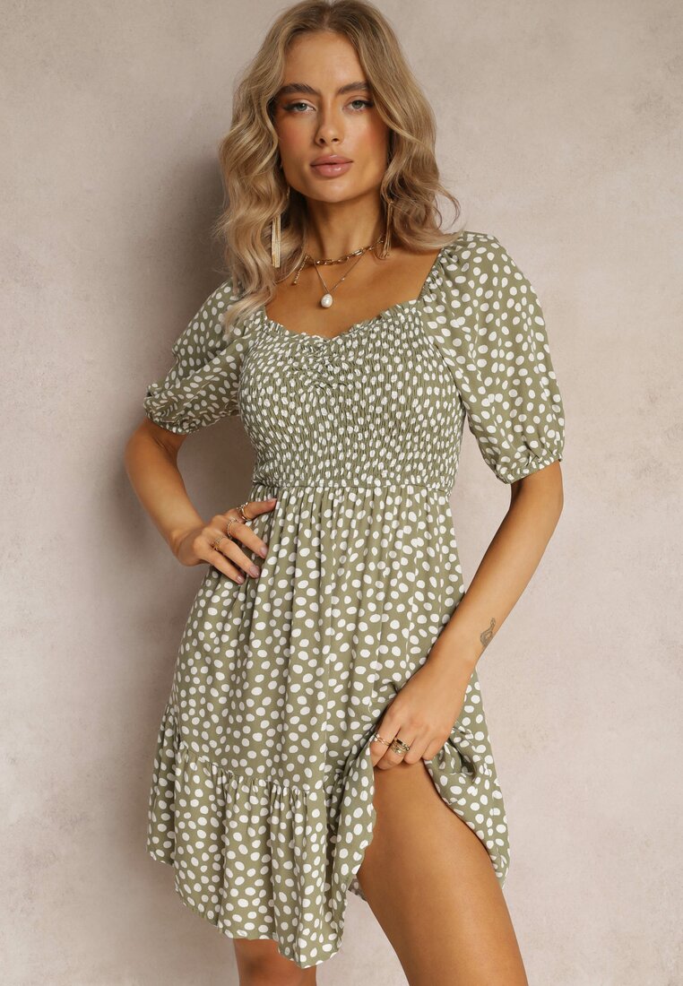 Rochie mini verde cloș cu buline din viscoză cu volan Aulian