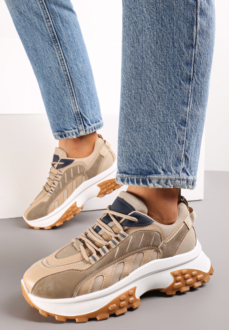 Sneakersi Bej Închis Cu Talpă Groasă Șireturi Și Glezni Înalte Amelm