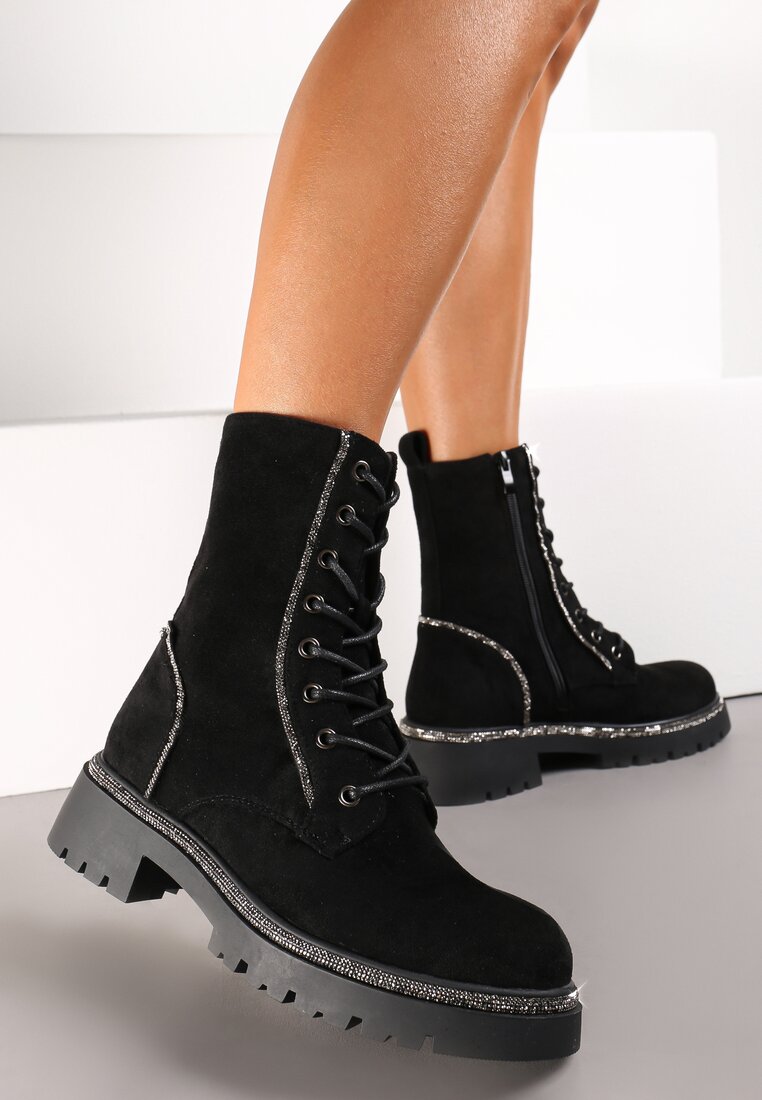 Czarne Sznurowane Botki Workery z Cyrkoniami na Płaskiej Podeszwie Laylyn