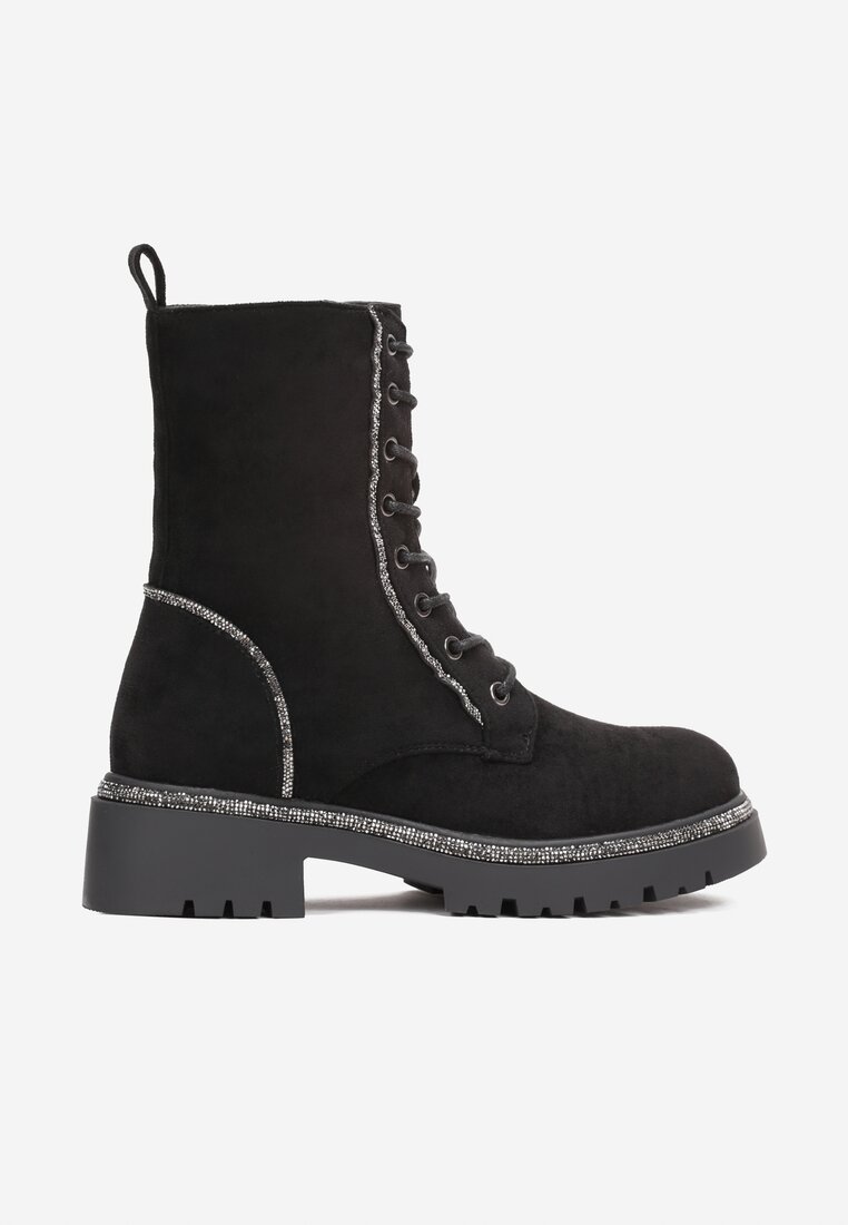 Czarne Sznurowane Botki Workery z Cyrkoniami na Płaskiej Podeszwie Laylyn
