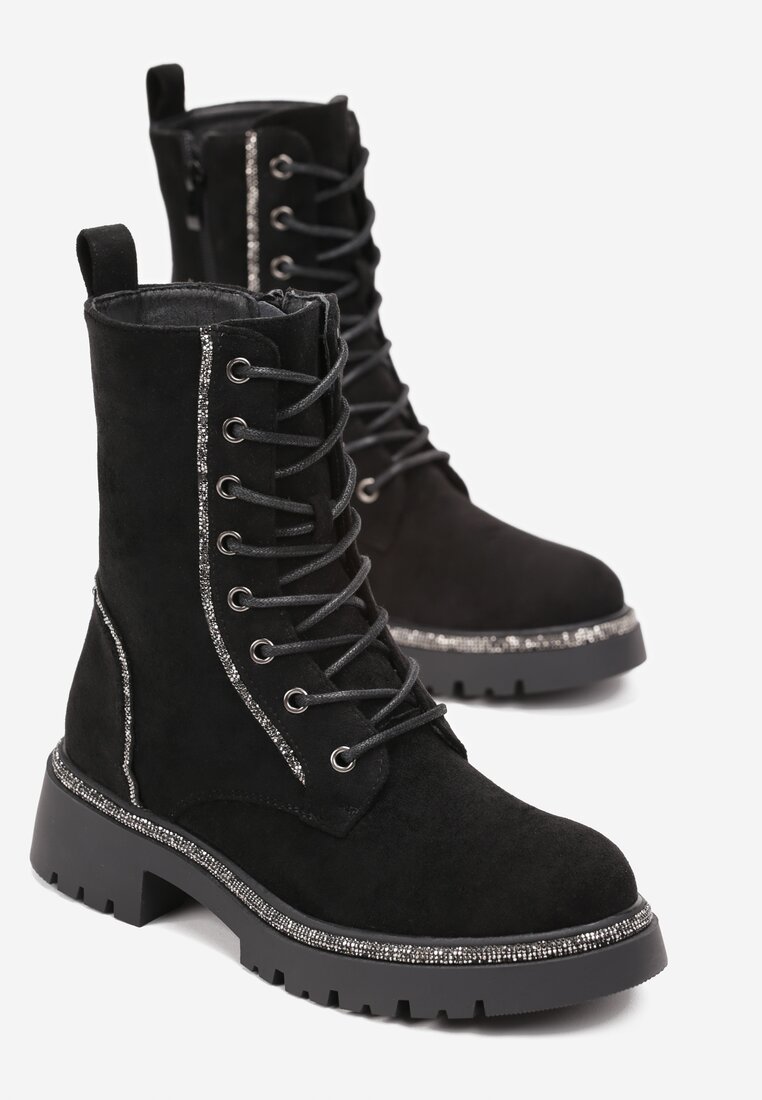 Czarne Sznurowane Botki Workery z Cyrkoniami na Płaskiej Podeszwie Laylyn