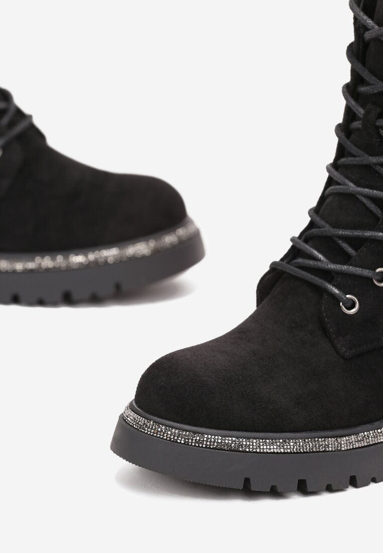 Czarne Sznurowane Botki Workery z Cyrkoniami na Płaskiej Podeszwie Laylyn