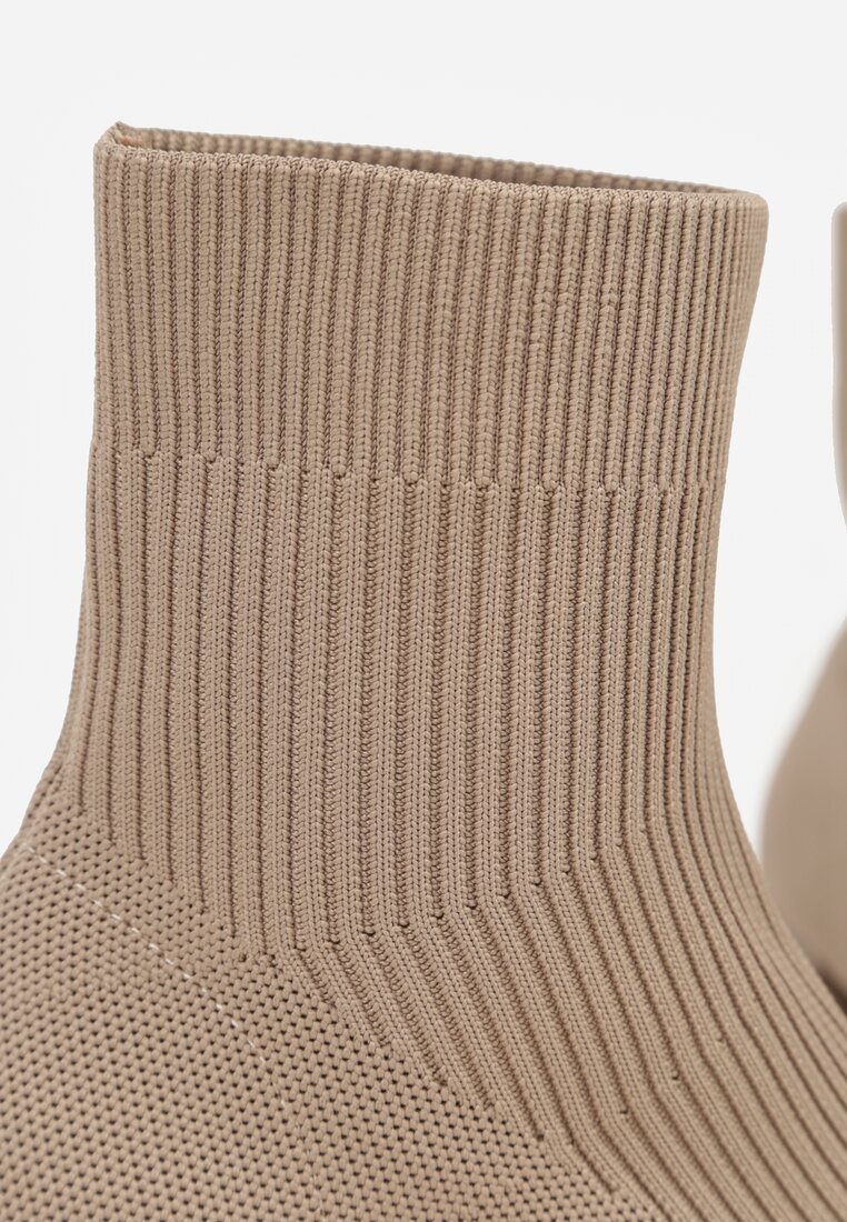 Ciemnobeżowe Botki za Kostkę z Elastycznego Materiału na Geometrycznym Słupku Aidara