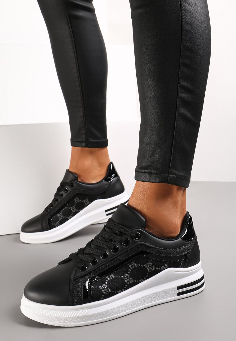 Czarno-Białe Sneakersy na Platformie z Brokatowymi Wstawkami Elsalor