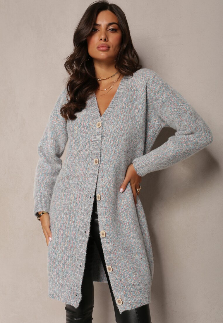 Zielono-Niebieski Długi Kardigan z Miękkiej Dzianiny Leamir