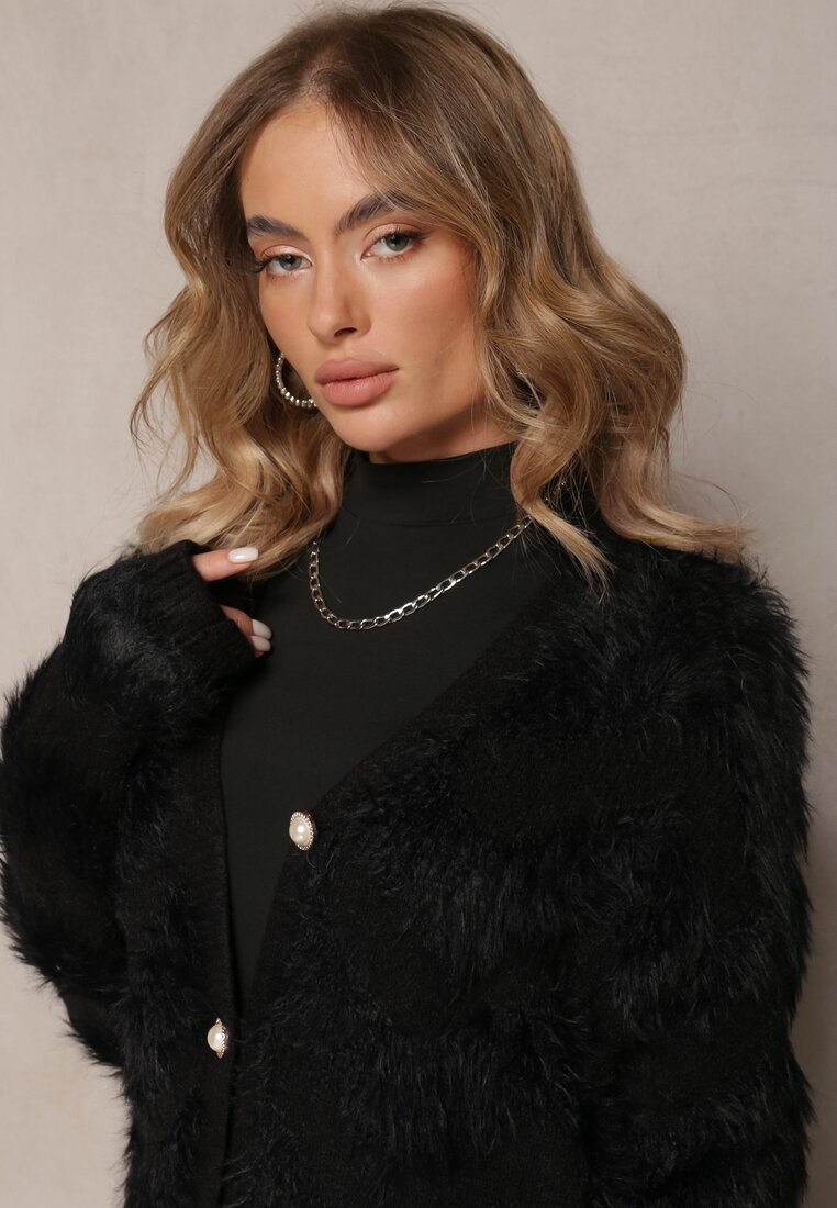 Cardigan Negru Încheiat cu Nasturi din Material Pufos Ralioppe