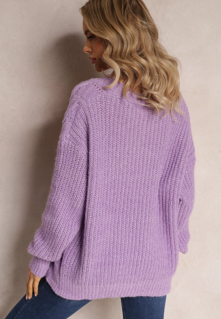 Fioletowy Kardigan na Guziki z Warkoczykowym Splotem Mcills