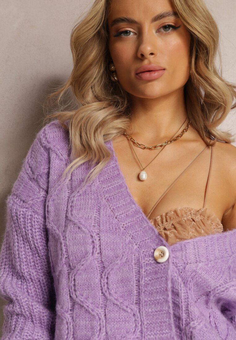 Fioletowy Kardigan na Guziki z Warkoczykowym Splotem Mcills