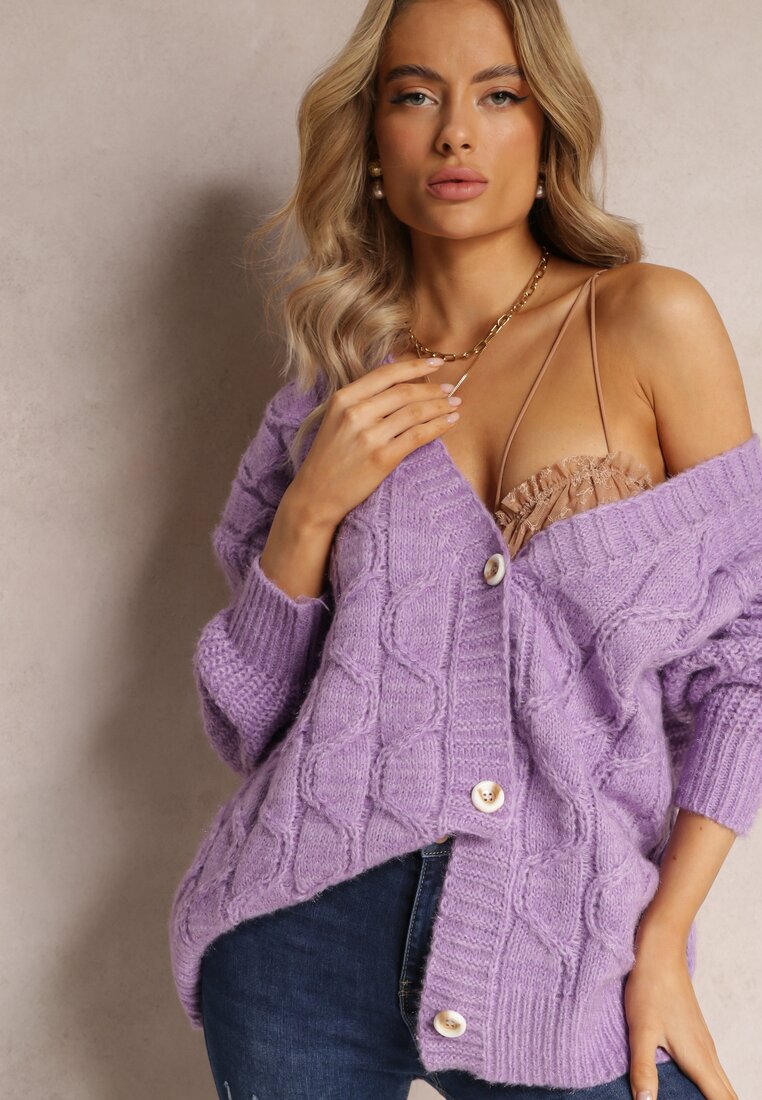 Fioletowy Kardigan na Guziki z Warkoczykowym Splotem Mcills