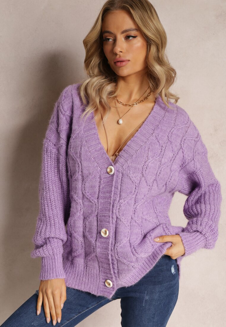 Fioletowy Kardigan na Guziki z Warkoczykowym Splotem Mcills