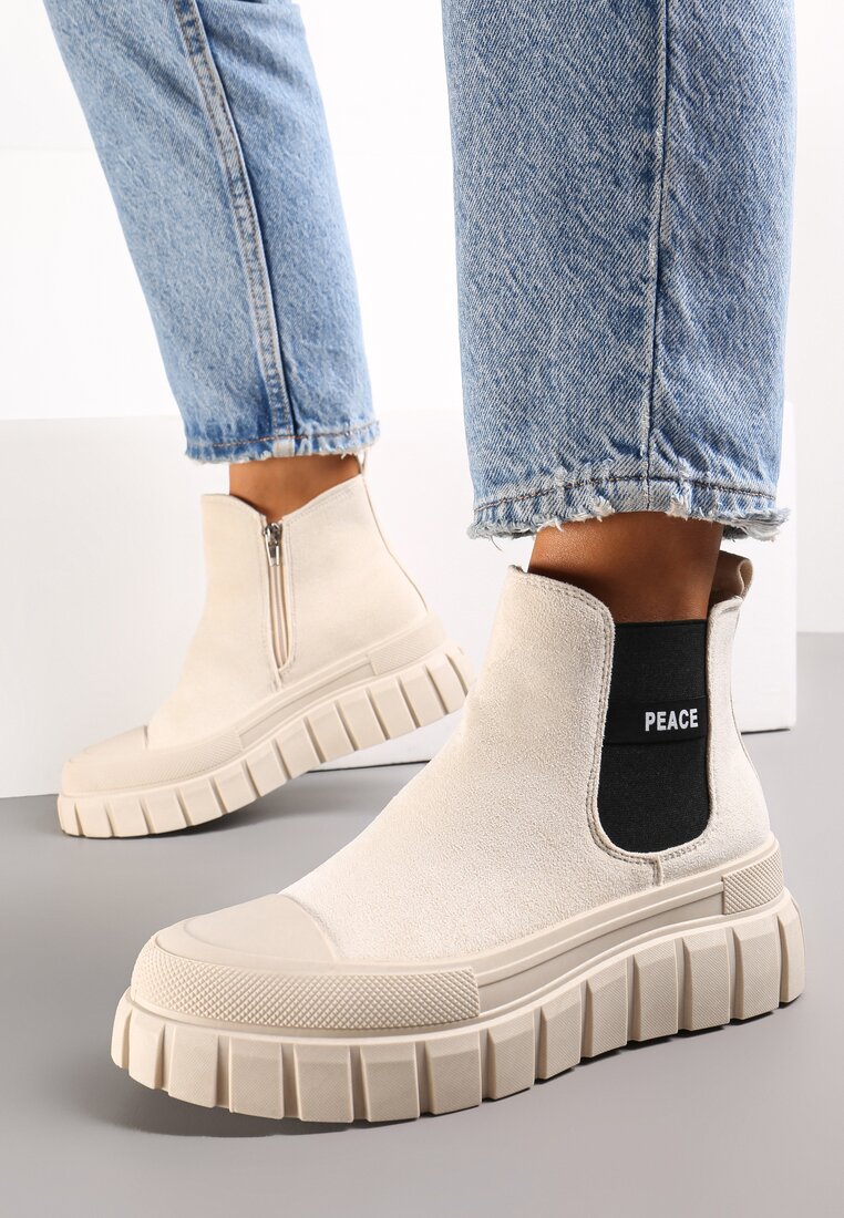 Botine beige cu imprimat decorativ și platformă Amirk