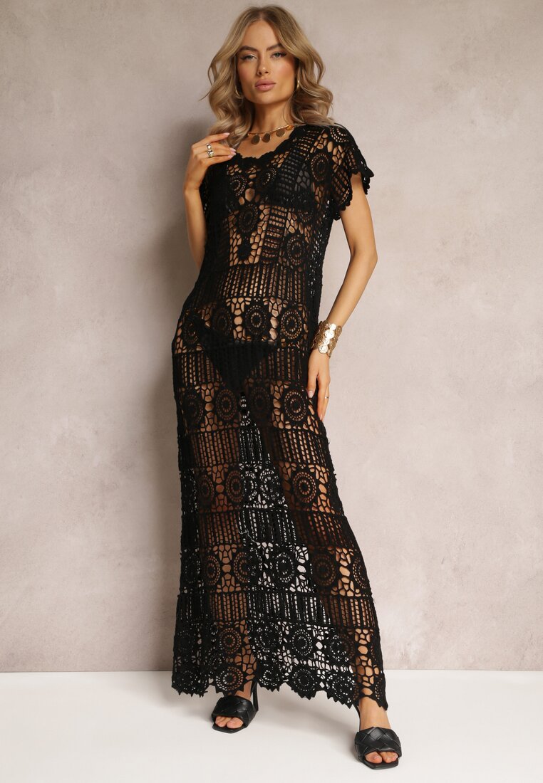 Czarna Ażurowa Sukienka Plażowa z Bawełny Taymbeth