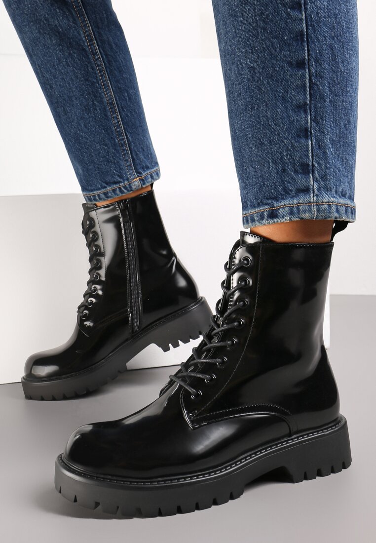 Botine Negre din Piele Ecologică Lacuită cu Șiret Talpă Plată și Protector Huke