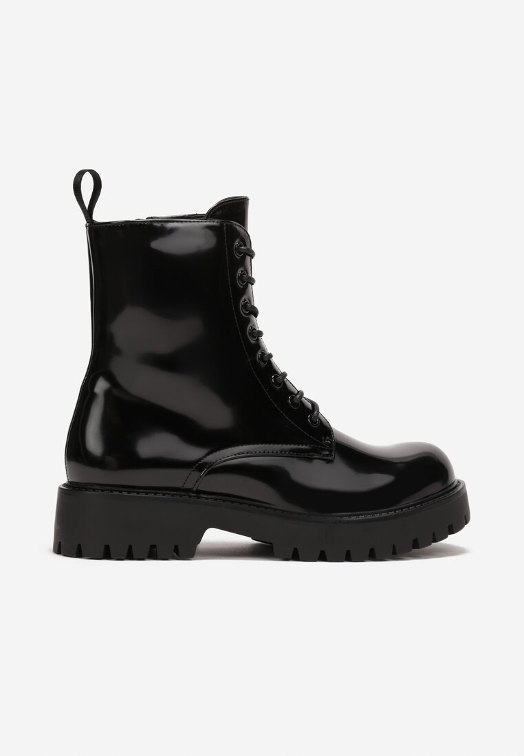 Botine Negre din Piele Ecologică Lacuită cu Șiret Talpă Plată și Protector Huke