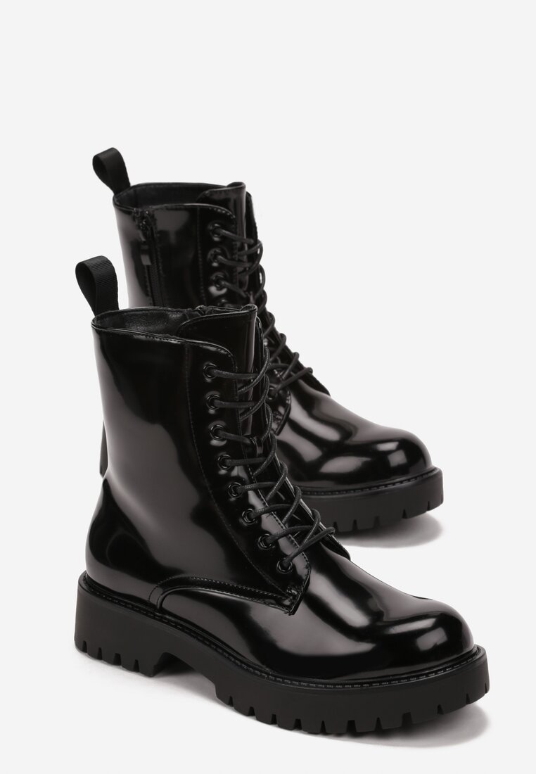 Botine Negre din Piele Ecologică Lacuită cu Șiret Talpă Plată și Protector Huke