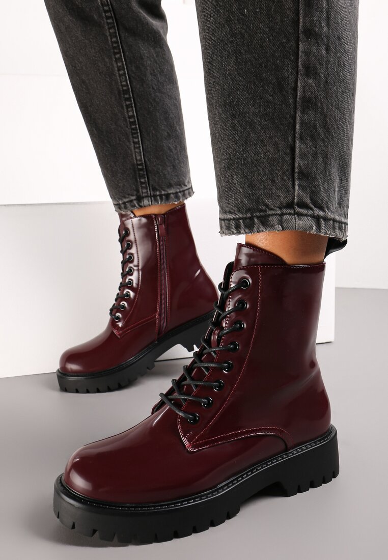 Bordowe Sznurowane Botki z Lakierowanej Ekoskóry na Płaskiej Podeszwie z Protektorem Huke