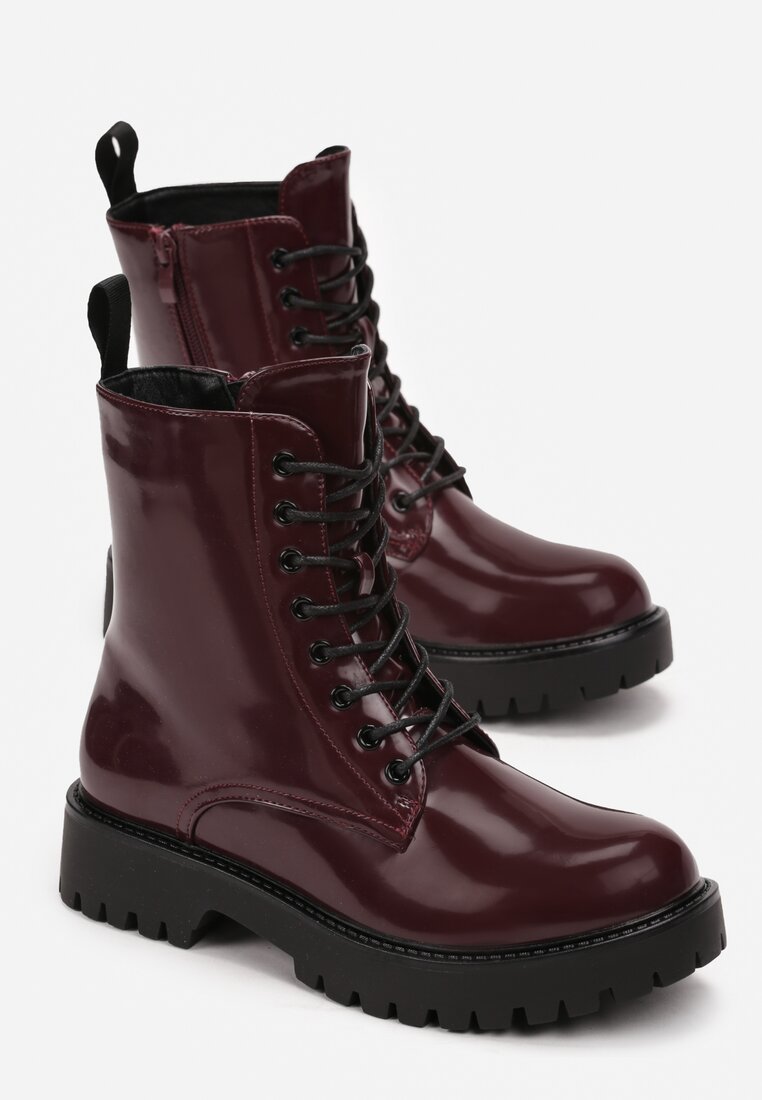 Bordowe Sznurowane Botki z Lakierowanej Ekoskóry na Płaskiej Podeszwie z Protektorem Huke