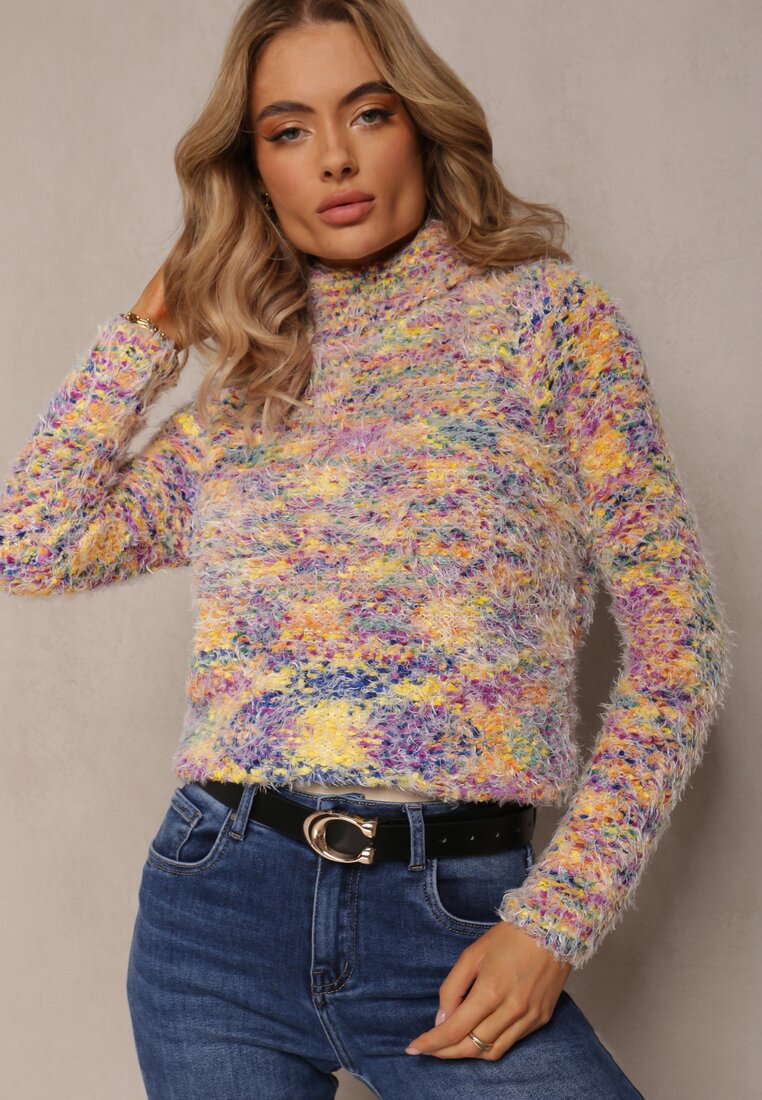 Pulover Violet-Galben din Lână cu Guler Înalt din Tricot Puțin Texturat
