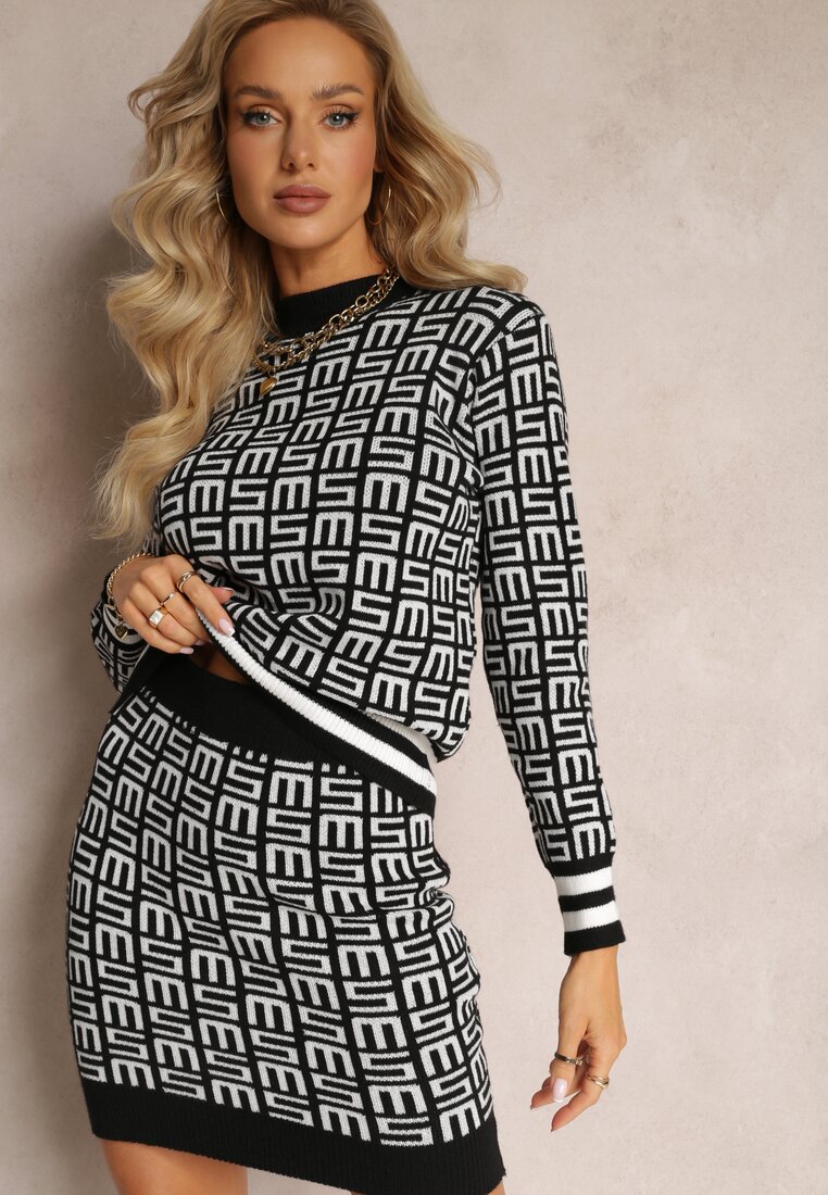 Czarno-Biały Dzianinowy Komplet 2-Częściowy Sweter z Półgolfem i Mini Spódnica z Gumką w Pasie Michellenes