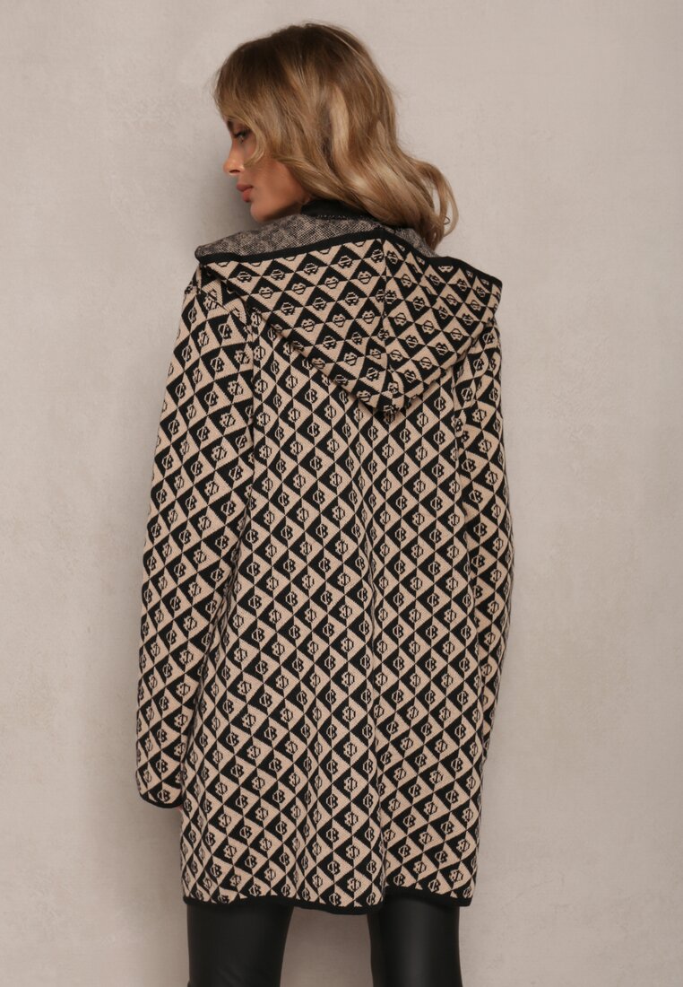 Bej Închis Cardigan cu Fermoar și Buzunare cu Model Geometric Jaquelineme