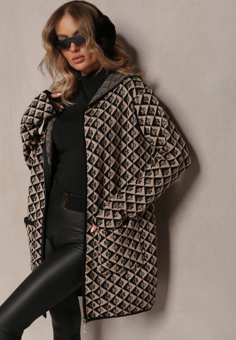 Bej Închis Cardigan cu Fermoar și Buzunare cu Model Geometric Jaquelineme