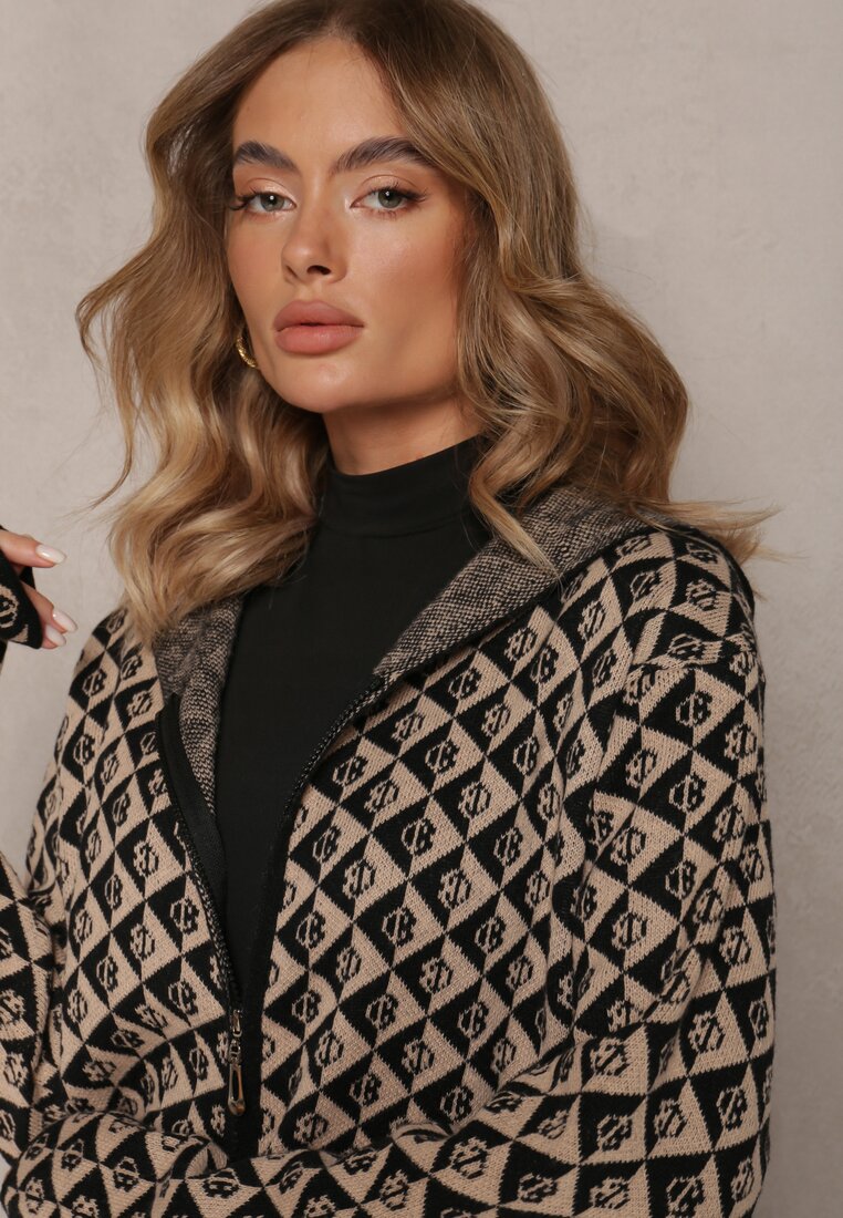 Bej Închis Cardigan cu Fermoar și Buzunare cu Model Geometric Jaquelineme