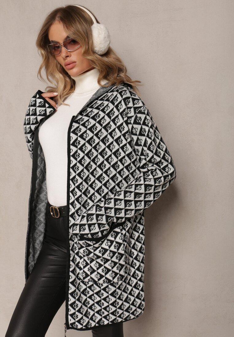 Cardigan Alb-Negru cu Fermoar și Buzunare cu Model Geometric Jaquelineme