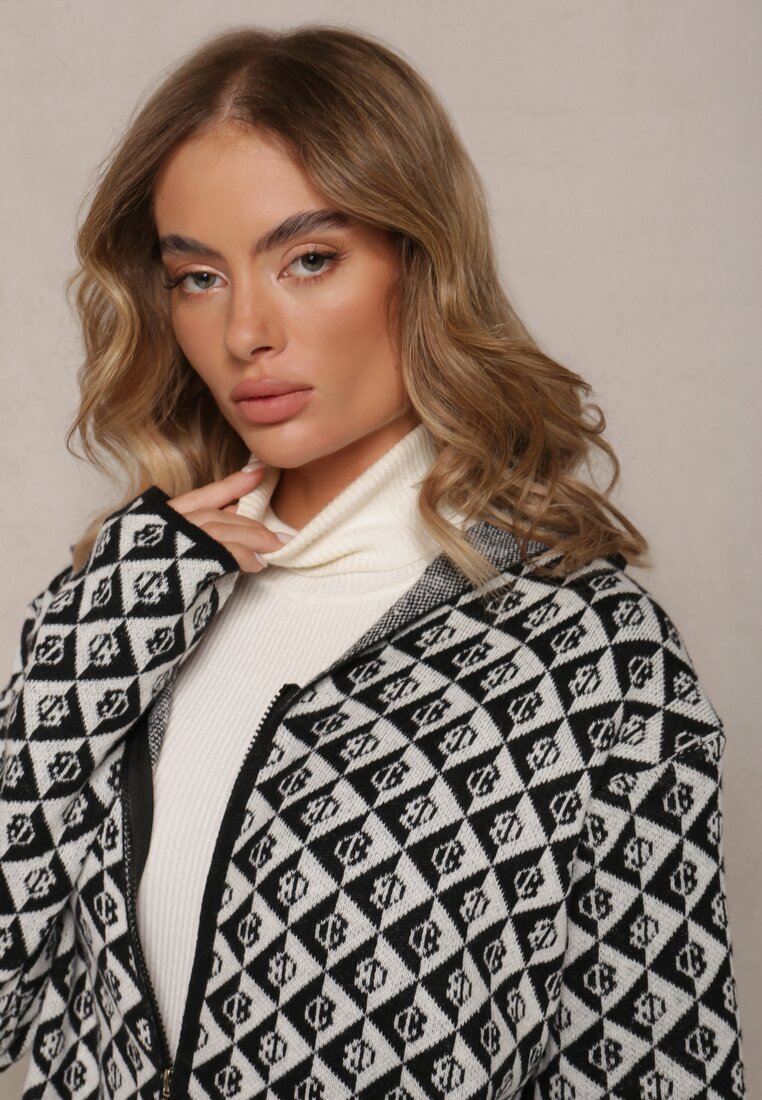 Cardigan Alb-Negru cu Fermoar și Buzunare cu Model Geometric Jaquelineme