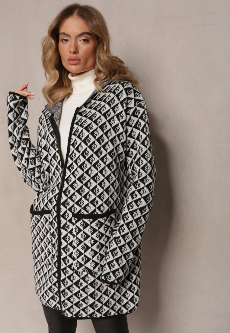 Cardigan Alb-Negru cu Fermoar și Buzunare cu Model Geometric Jaquelineme