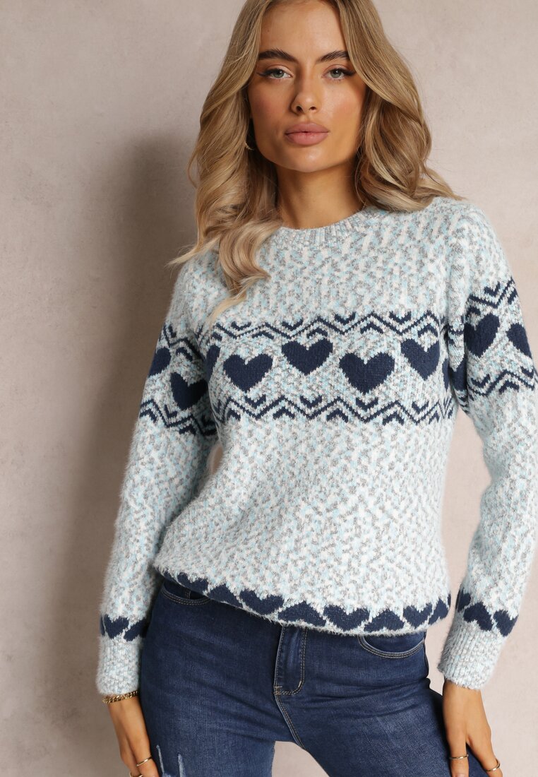 Niebieski Sweter Dzianinowy w Ozdobne Serca Vivianeme