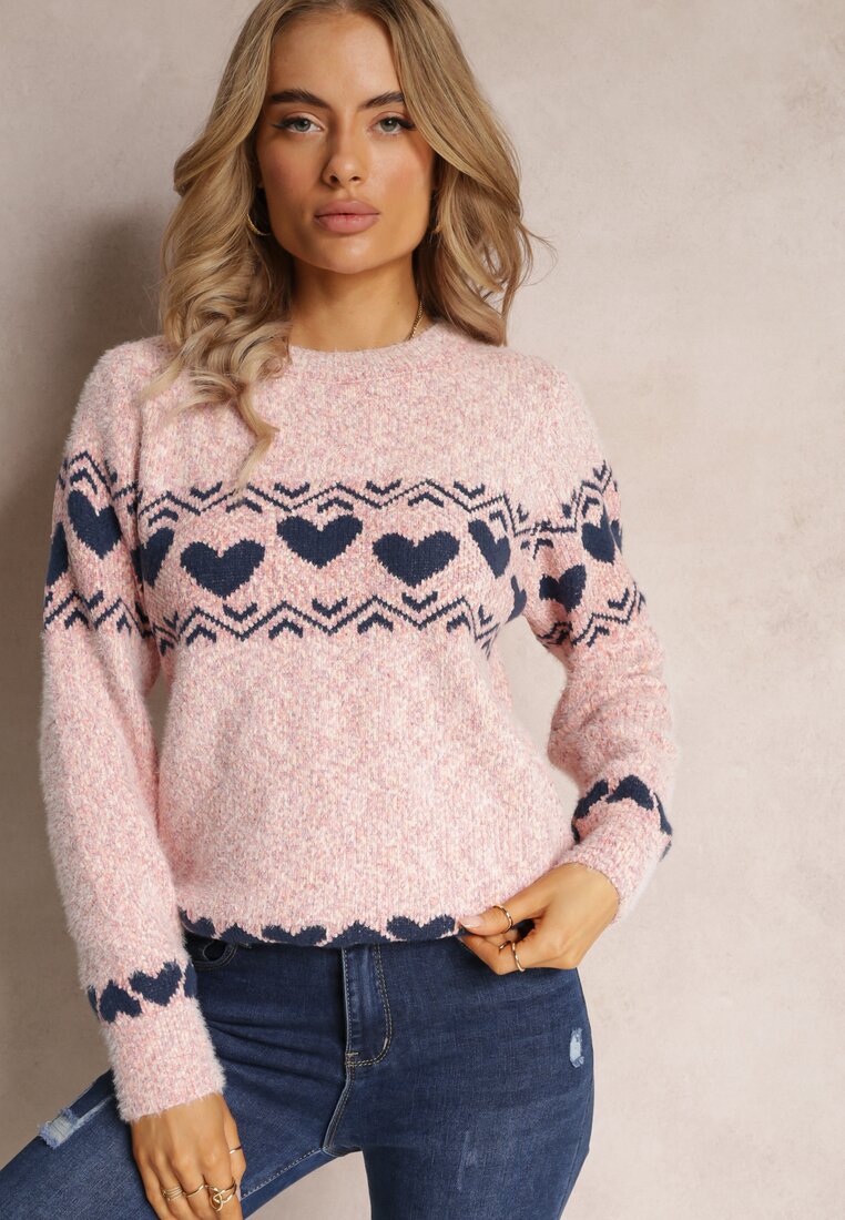 Różowy Sweter Dzianinowy w Ozdobne Serca Vivianeme