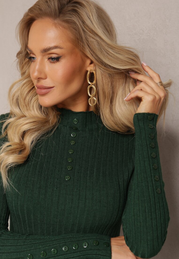 Pulover Verde Închis cu Guler Înalt Reiat Decorat cu Butoane Panve
