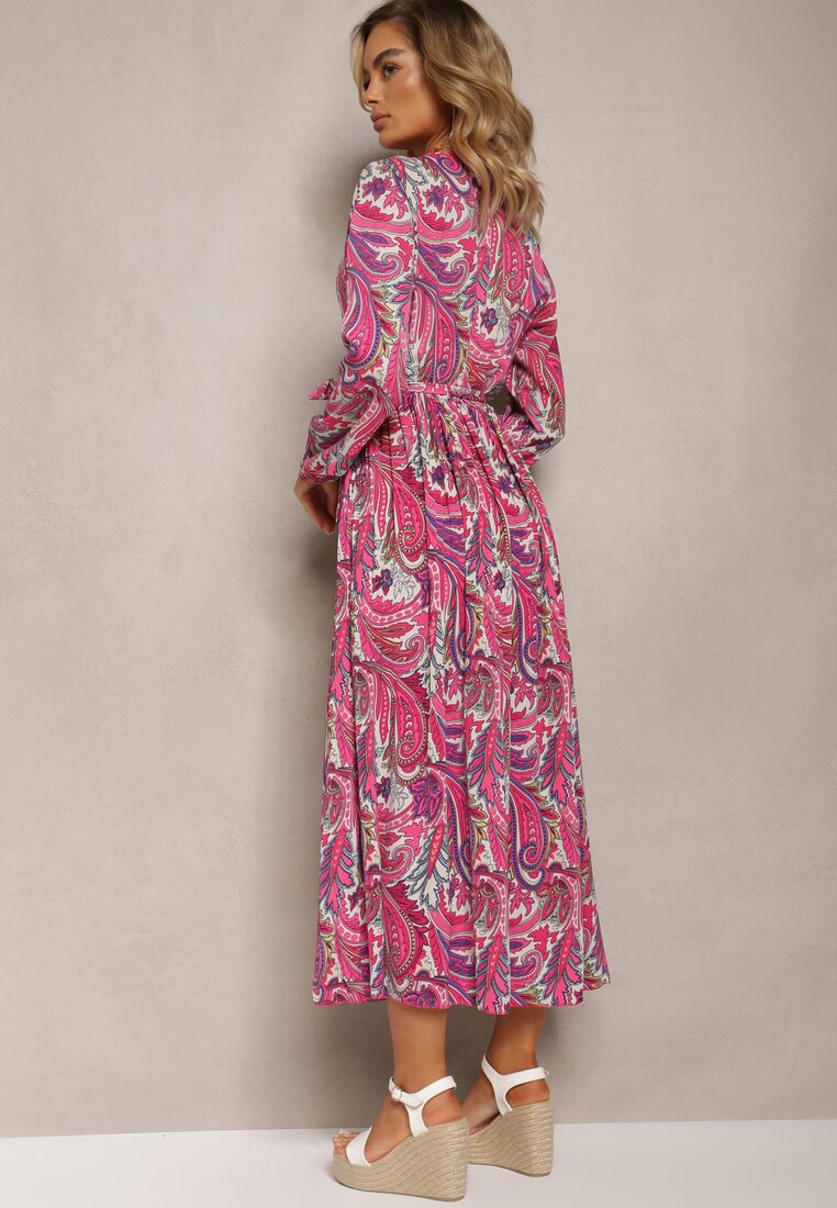 Ciemnoróżowa Plisowana Sukienka z Kopertowym Dekoltem i Wzorem Paisley Olanetta