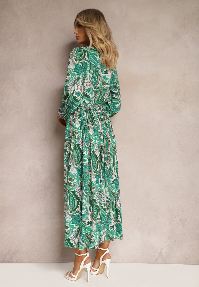Zielona Plisowana Sukienka z Kopertowym Dekoltem i Wzorem Paisley Olanetta