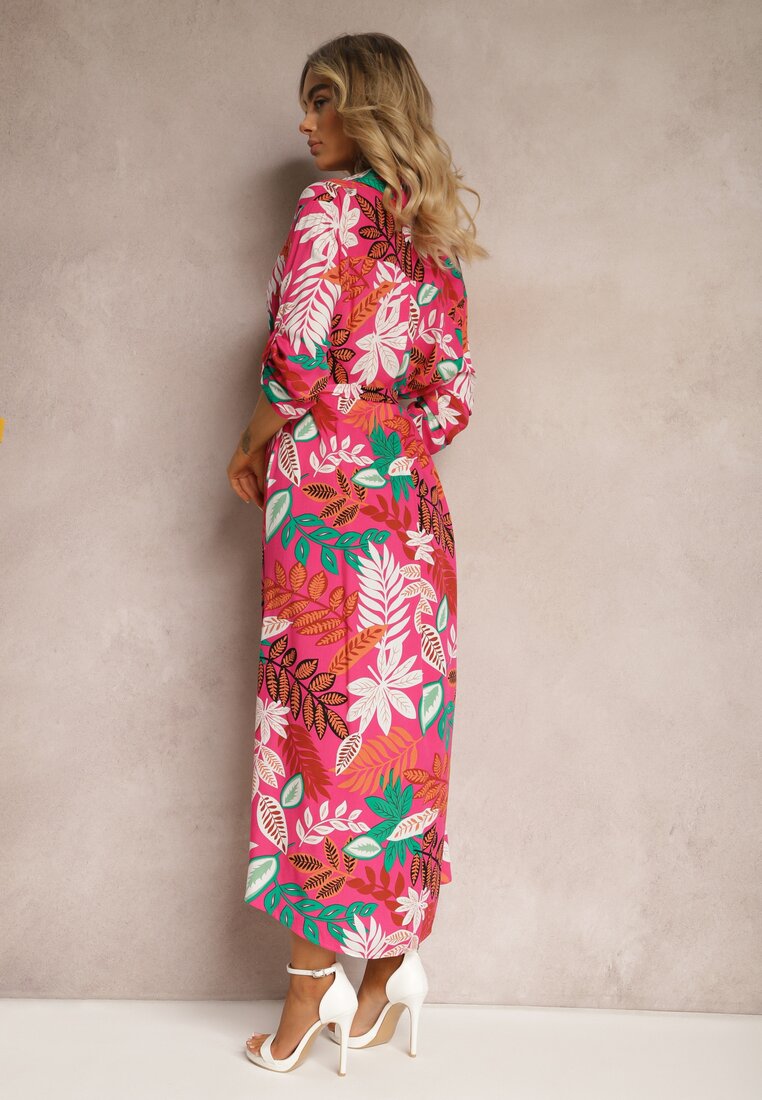 Fuksjowa Sukienka Maxi z Wiskozy w Kwiatowy Print o Koszulowym Fasonie z Paskiem Carolles