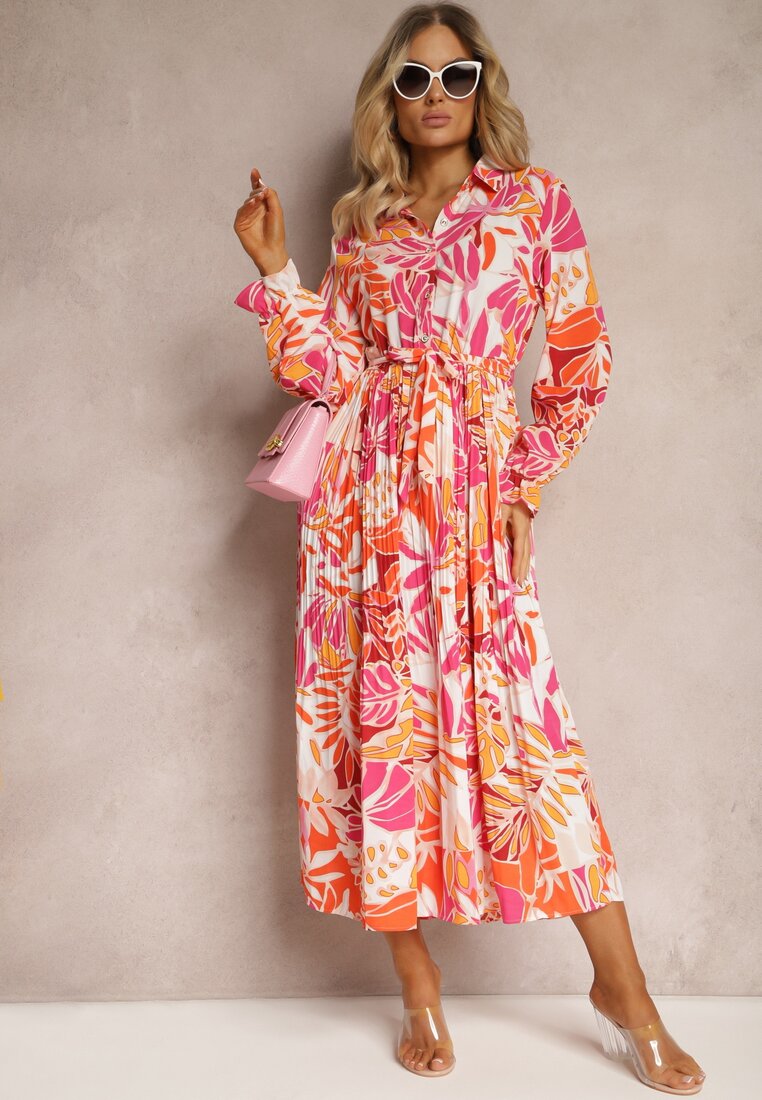 Pomarańczowa Plisowana Sukienka Maxi w Kwiaty z Wiązanym Paskiem Marleen