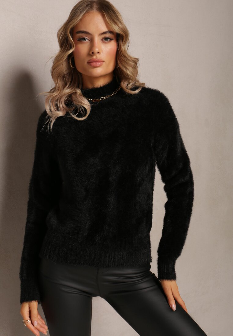 Pulover Tricot Negru Cu Fir Lung Și Guler Înalt Christiam