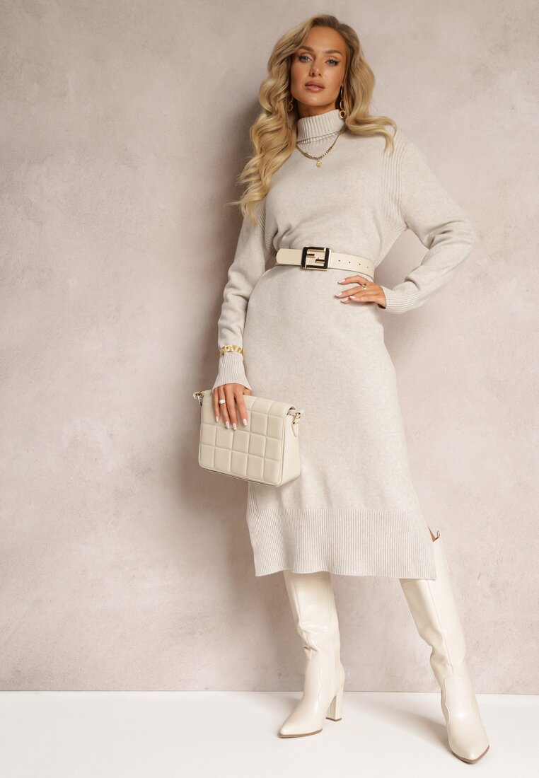 Rochie tip sacou midi gri deschis din tricot cu guler înalt Sarahtes