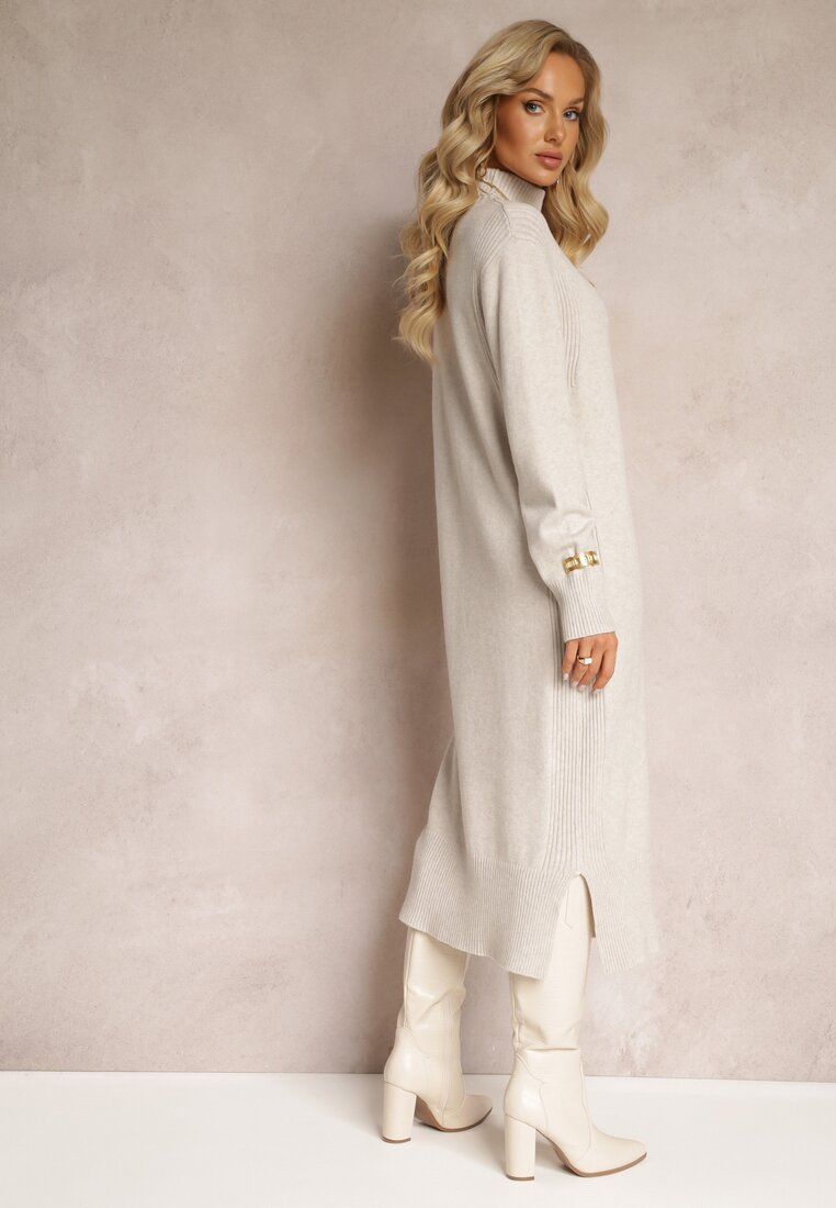 Rochie tip sacou midi gri deschis din tricot cu guler înalt Sarahtes