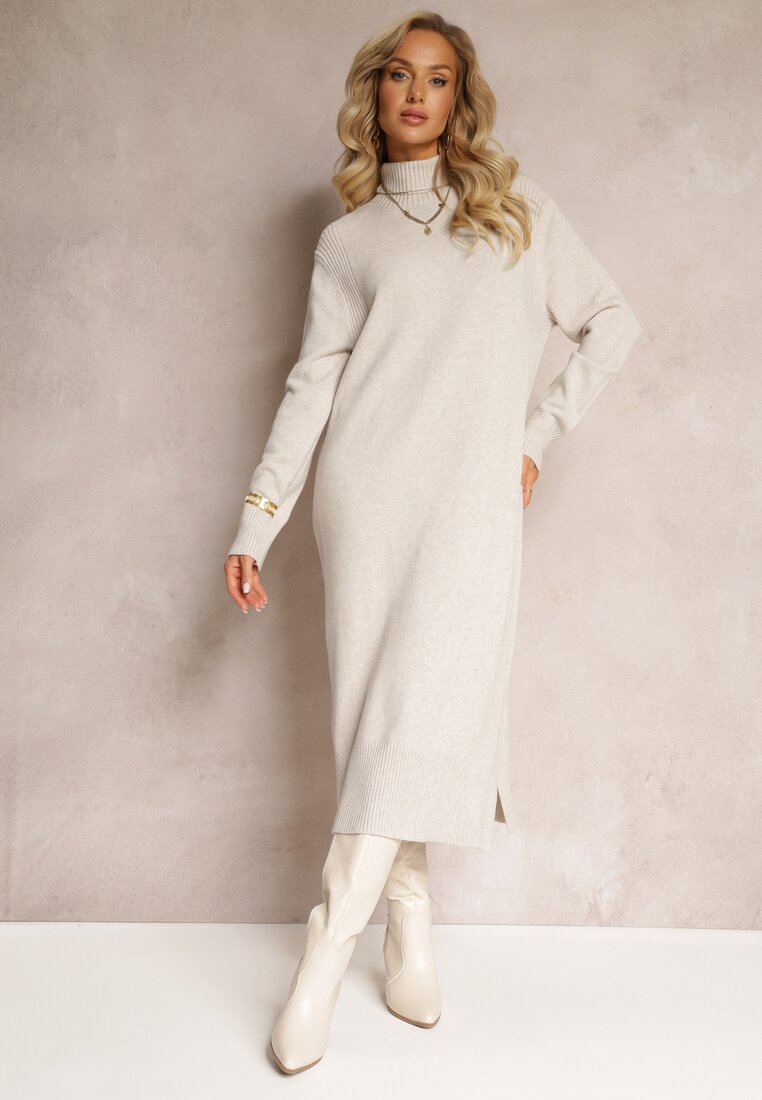 Rochie tip sacou midi gri deschis din tricot cu guler înalt Sarahtes