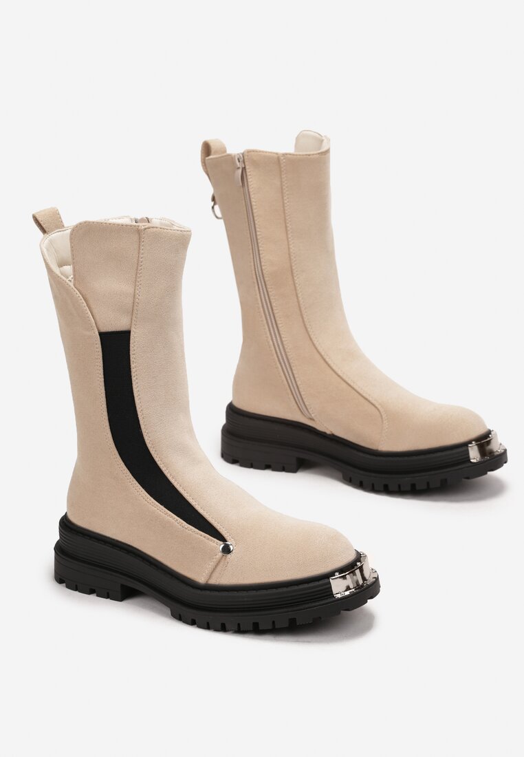Botine bej cu Protector pe Talpă Groasă cu Ornament Metalic și Fermoar Nerikalyn