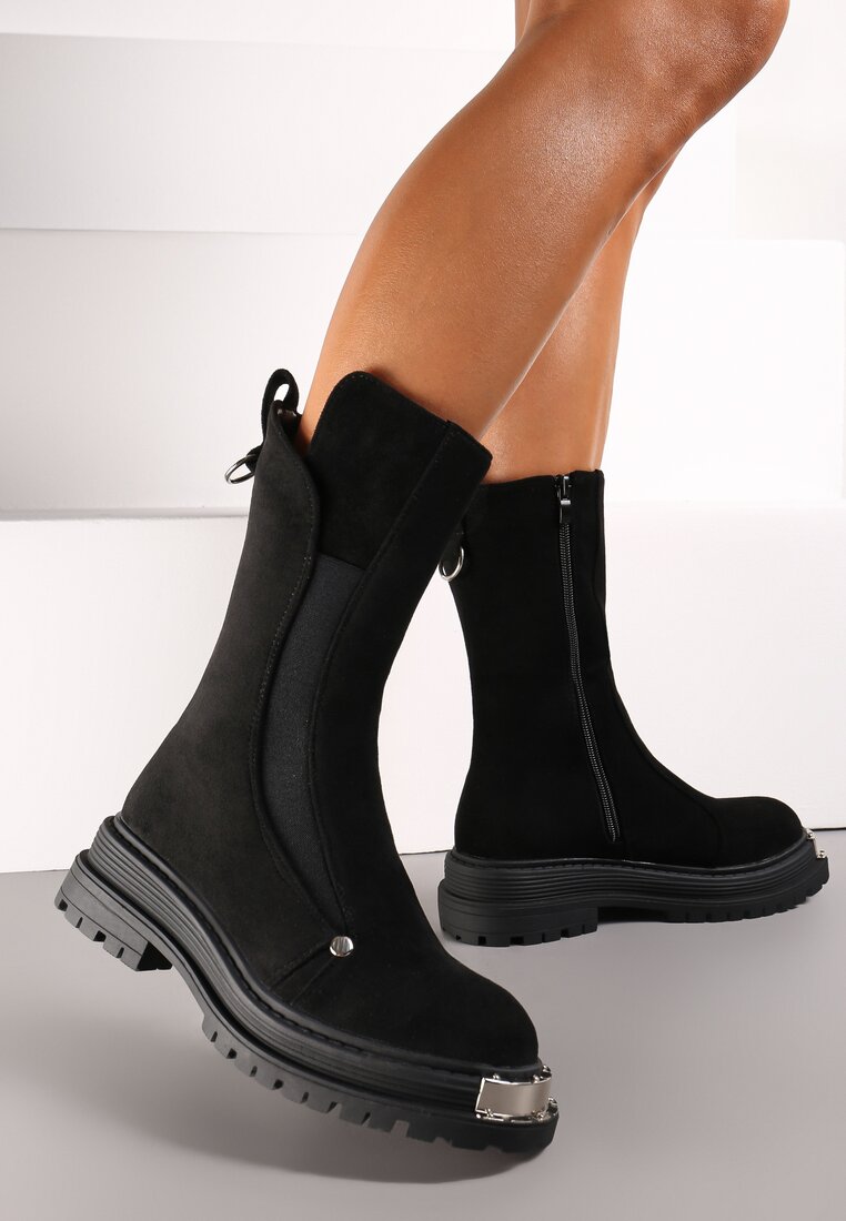Czarne Botki z Protektorem na Grubej Podeszwie z Metaliczną Ozdobą i Suwakiem Nerikalyn
