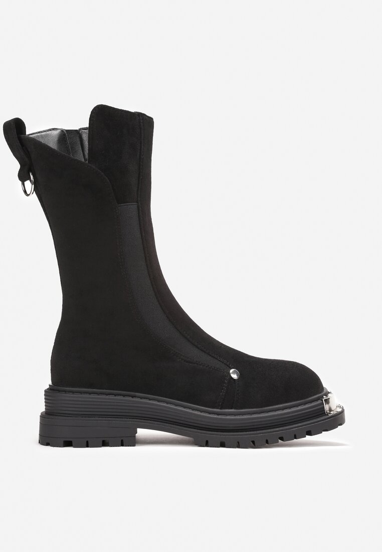 Czarne Botki z Protektorem na Grubej Podeszwie z Metaliczną Ozdobą i Suwakiem Nerikalyn