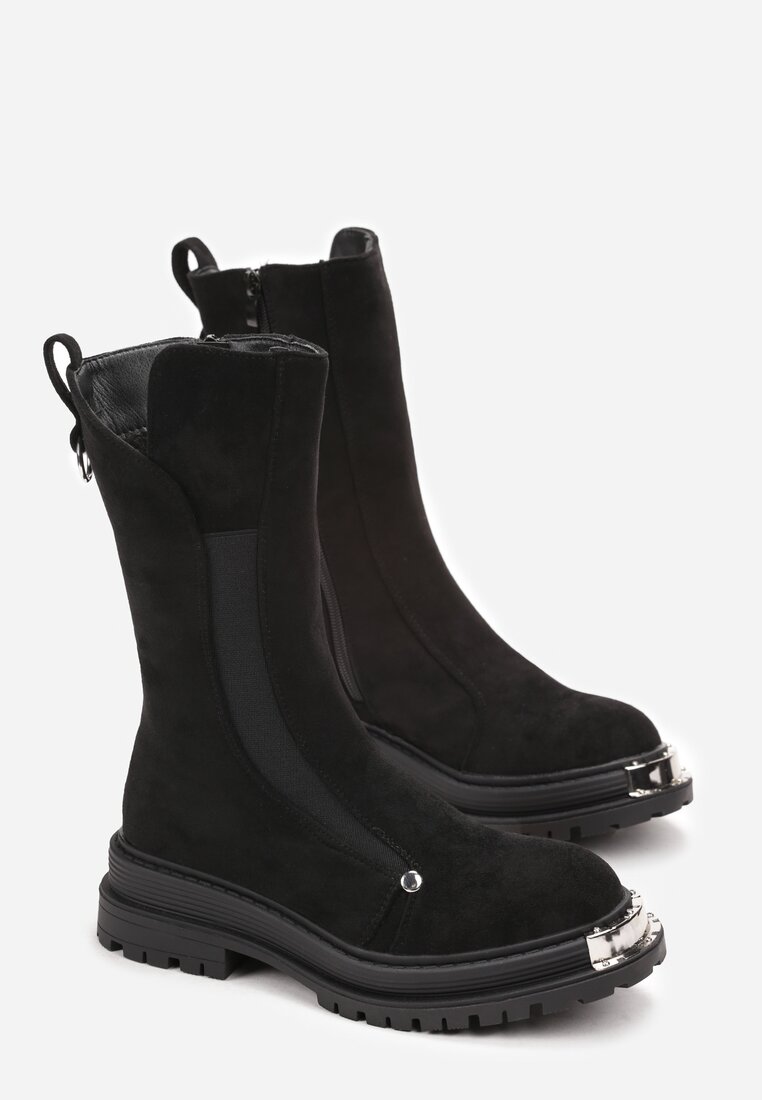 Czarne Botki z Protektorem na Grubej Podeszwie z Metaliczną Ozdobą i Suwakiem Nerikalyn