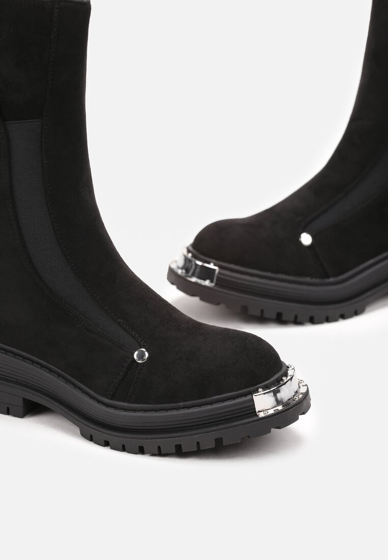 Czarne Botki z Protektorem na Grubej Podeszwie z Metaliczną Ozdobą i Suwakiem Nerikalyn