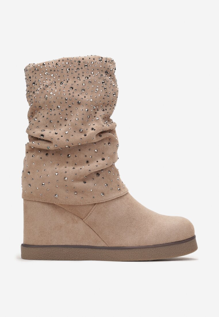 Botine bej închis pe platformă cu pliuri decorative și zirconii Shalhou