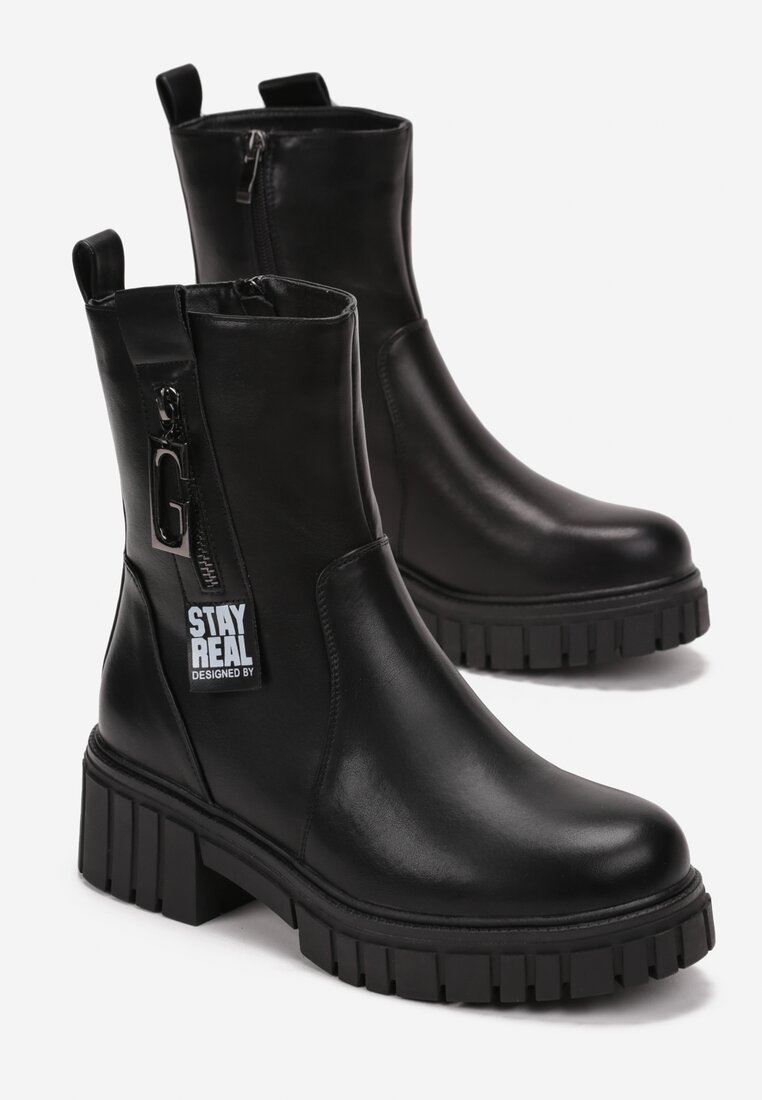 Botine Negre Plate cu Talpă Groasă cu Inscripție Decorativă și Fermoar Sabeeha