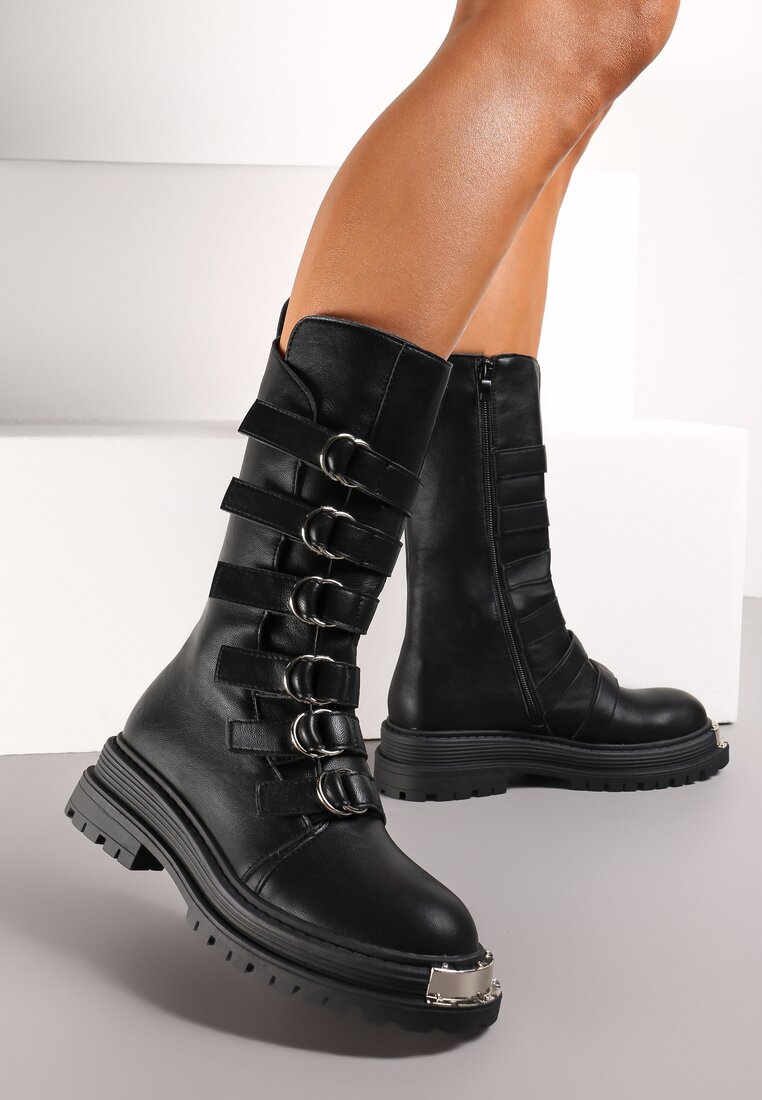 Botine Negre Plate Talpă Groasă Fermoar Curele Ajustabile Rimske